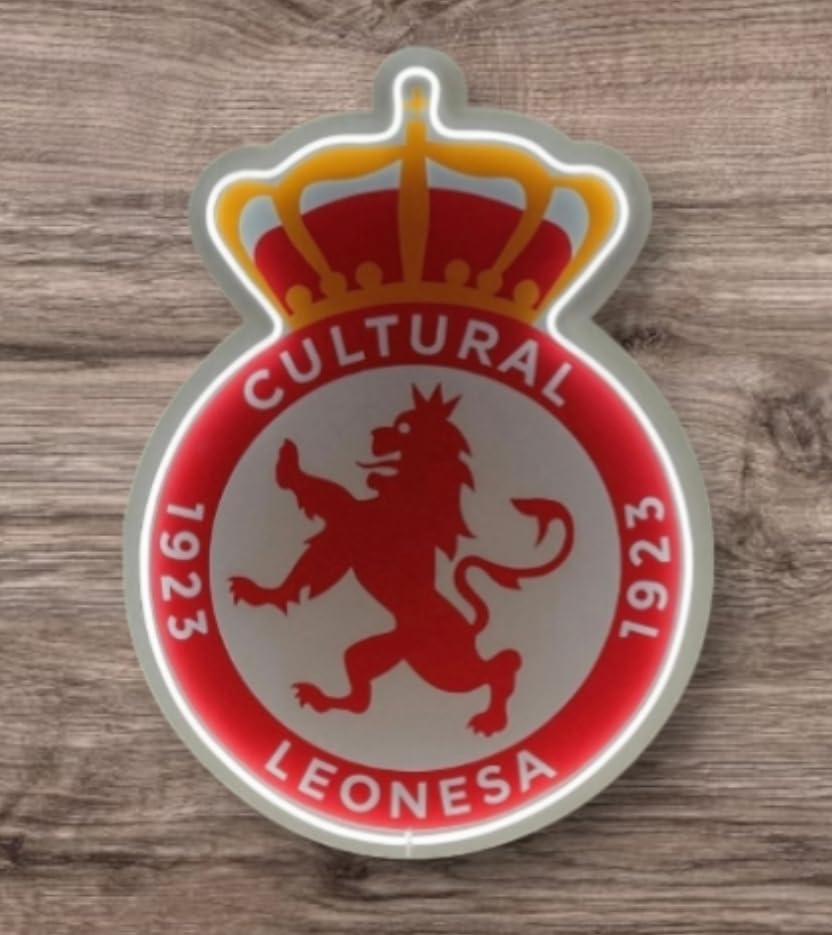 Escudo neón led vinilo metacrilato le Cultural Leonesa Escudo Emblema Deportivo con Corona Real y León, Rojo y Dorado MEDIDAS 40X30 CM ALIMENTACION 12V