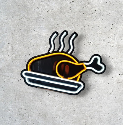 Letrero LED Decorativo de Pollo Asado, Luz de Neón, Color Blanco y Amarillo, Diseño Moderno