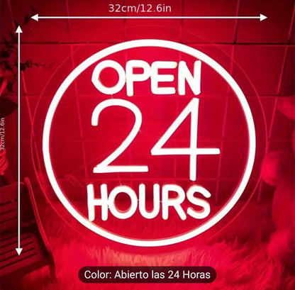 Letrero LED Neón 'Open 24 Hours', Luz Roja, Señalización Luminosa para Negocio