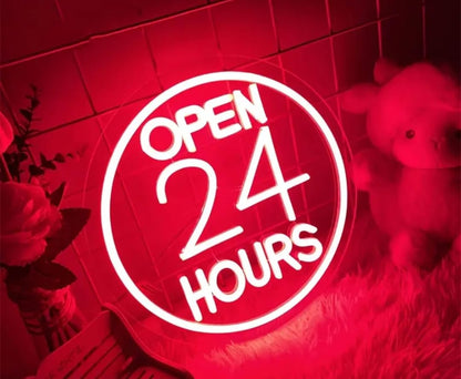 Letrero Neón LED 'Open 24 Hours' Circular Rojo | soloNEON