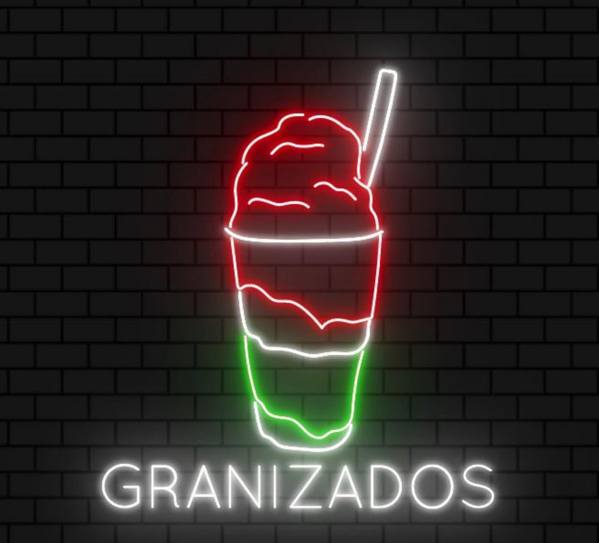 Letrero LED de Neón Granizados, Diseño de Bebida Helada, Iluminación Decorativa para Pared, Rojo, Verde y Blanco, Metacrilato MEDIDAS 60X65CM - ALIMENTADOR 12V