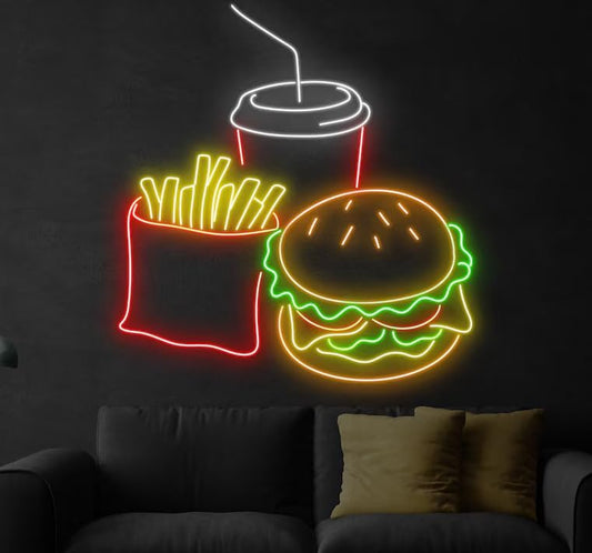 Letrero de Neón LED para Pared, Diseño de Hamburguesa, Papas Fritas y Bebida, Decoración para Restaurante