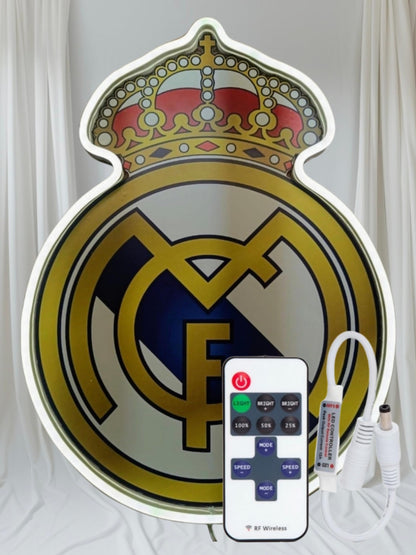 Carrel escudo Real Madrid liga Fútbol Emblema Deportivo, Azul y Dorado neón led vinilo y metacrilato medidas 40x30cm con alimentación 12v