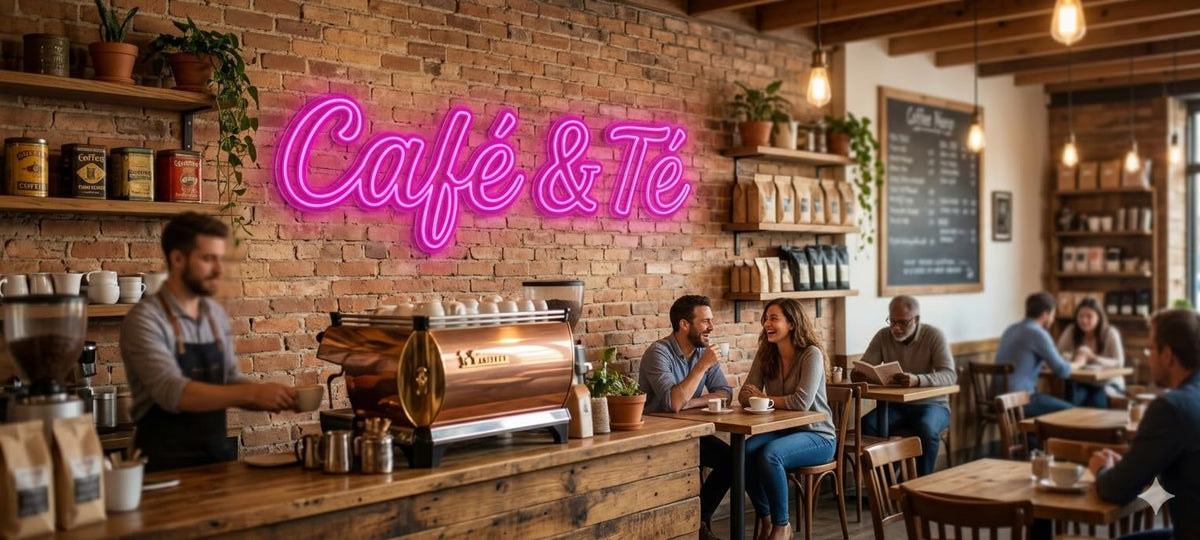 Letrero Neón de Texto "Café & Té", Luz neón LED, Color Rosa, Decoración de Pared con base metacrilato transparente,cadena,cable de 1.5 m y alimentación 12 v medidas 80x25 cm