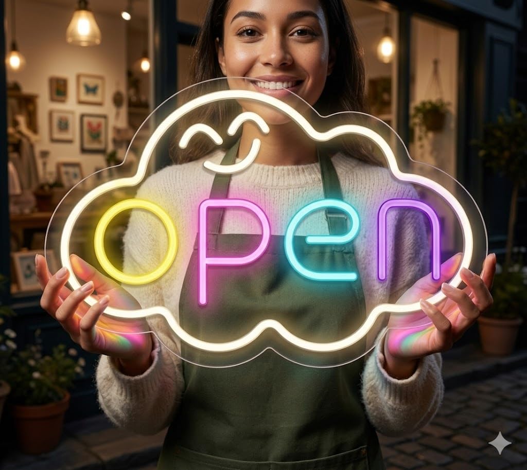 Letrero Neón de Nube Sonriente OPEN, Luz neón LED, Multicolor, Decoración de Pared con base metacrilato transparente, cadena, cable de 1.5 m y alimentación 12 v medidas 55x35 cm