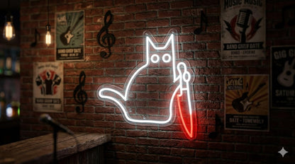 Letrero Neón de Gato con Cuchillo, Luz neón LED, Bicolor (Blanco y Rojo), Decoración de Pared con base metacrilato transparente, cadena, cable de 1.5 m y alimentación 12 v medidas 45x40 cm