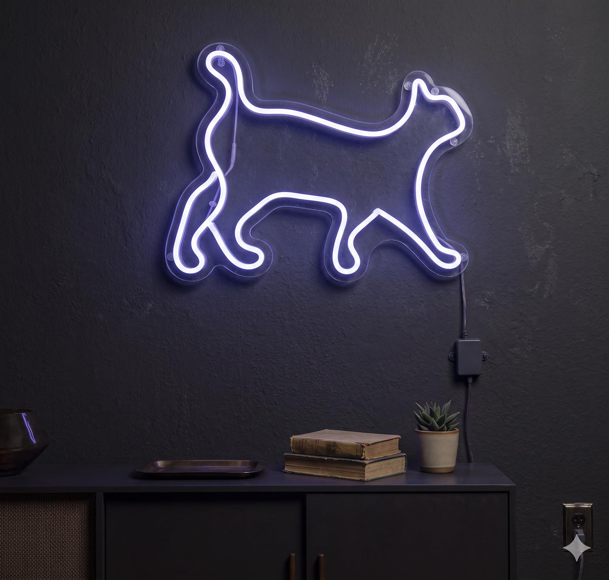 Letrero Neón de Gato Caminando, Luz neón LED, Color Azul, Decoración de Pared con base metacrilato transparente, cadena, cable de 1.5 m y alimentación 12 v, medidas 40x35 cm