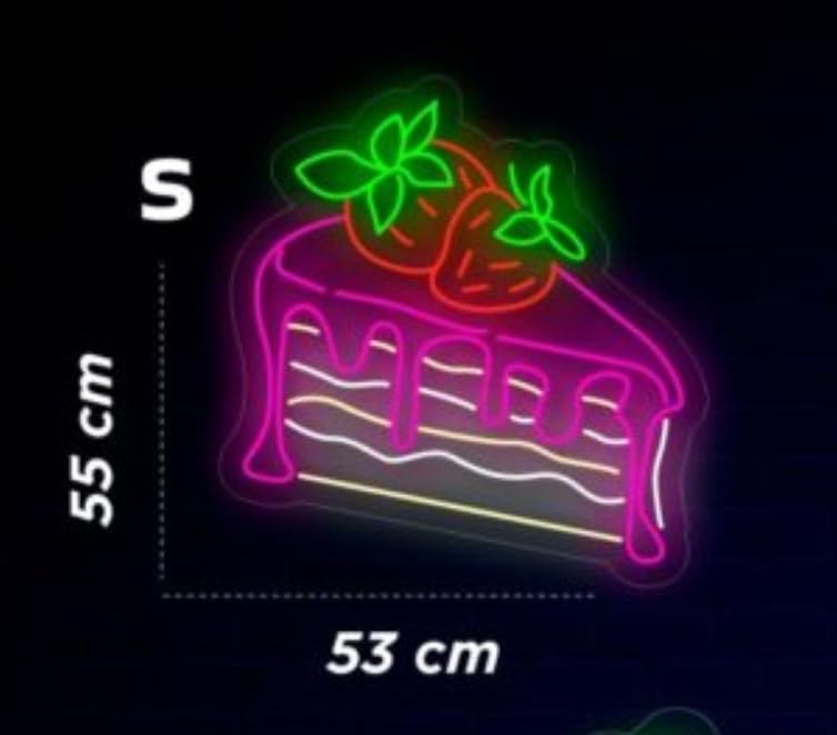 Letrero LED Neón Decorativo de Pastel con Fresas, 55 x 53 cm, Iluminación de Pared para Pastelería, Rosa y Verde