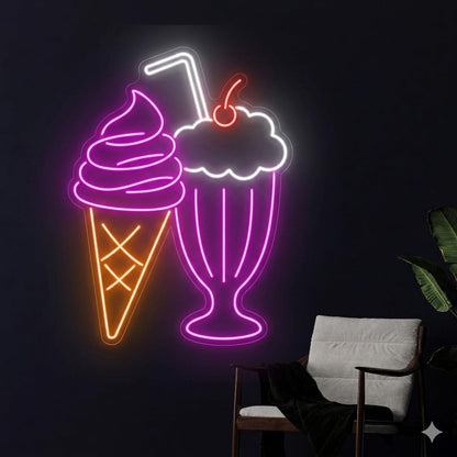 Letrero Neón batido y helado Luz neón LED, Rojo, Decoración de Pared con base metacrilato transparente, cadena, cable de 1.5 m y alimentación 12 v medidas 50x60cm