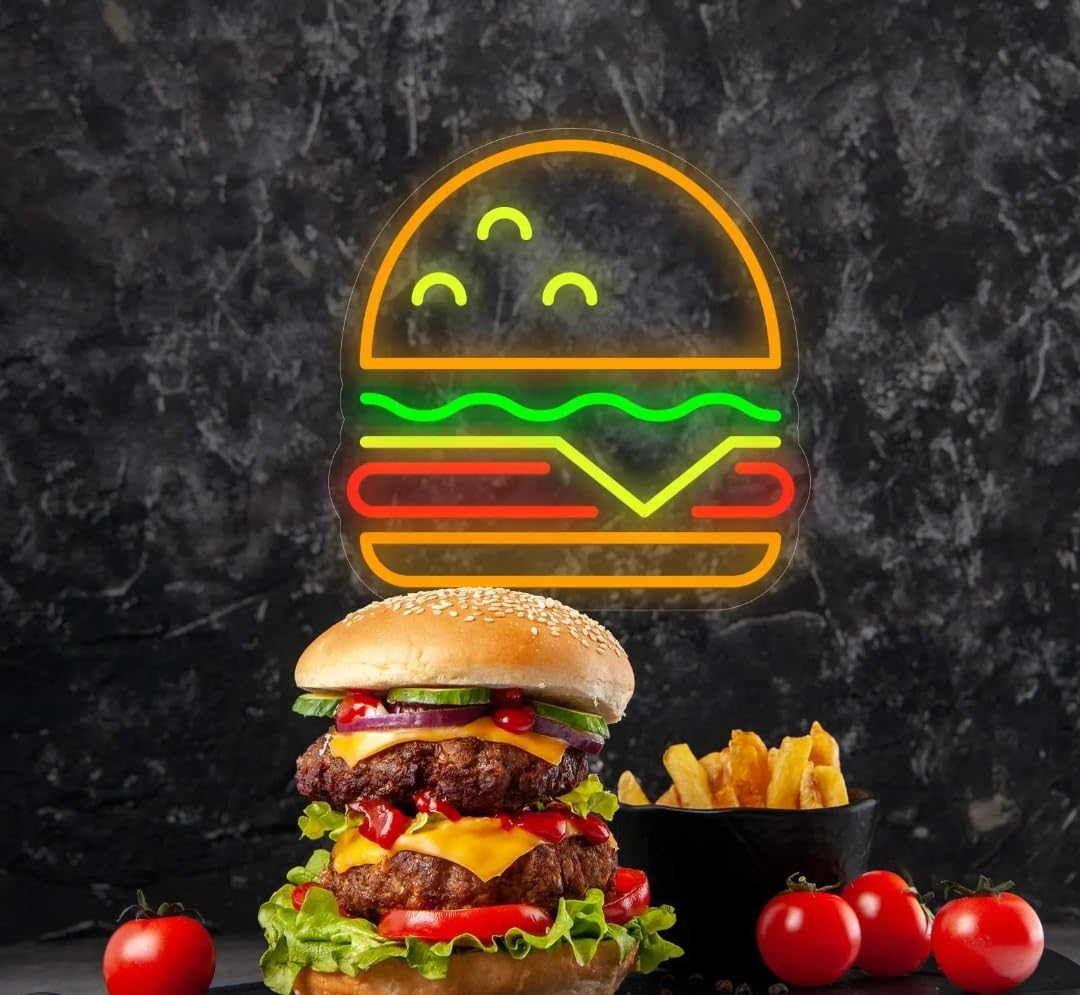 Letrero LED de Neón Hamburguesa, Diseño Multicolor en Pared de Ladrillo, Decoración para Restaurante