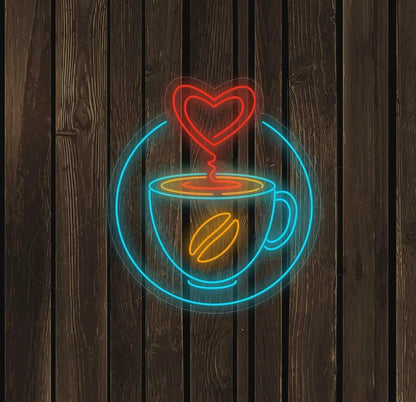 Letrero Luminoso LED de Neón, Taza de Café con Corazón, Decoración de Pared, Luz Azul y Roja
