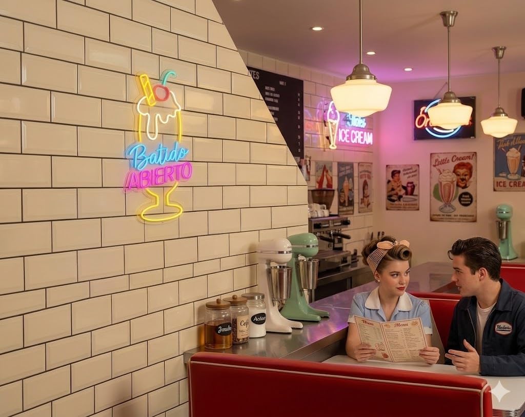 Letrero Neón de Batido Abierto, Luz neón LED, Multicolor, Decoración de Pared con base metacrilato transparente, cadena, cable de 1.5 m y alimentación 12 v medidas 45x75 cm