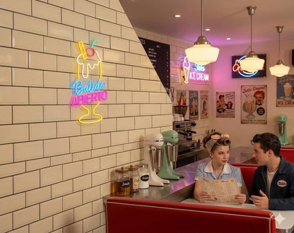 Letrero Neón de Batido Abierto, Luz neón LED, Multicolor, Decoración de Pared con base metacrilato transparente, cadena, cable de 1.5 m y alimentación 12 v medidas 45x75 cm