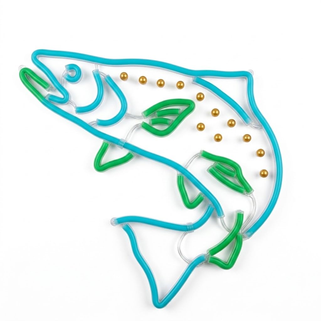 SOLOLED Diseño Decorativo neón led de Pez Trucha, Arte Lineal en Azul y Verde con Puntos Naranjas medidas 60x60 cm 12 v