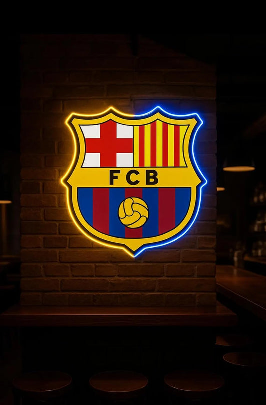 escudo REGALO Barcelona fútbol con Pantalla metacrilato y vinilo con neón LED de Bar Deportivo, de la liga de futbol, Ambiente de Pub MEDIDAS 35X30CM