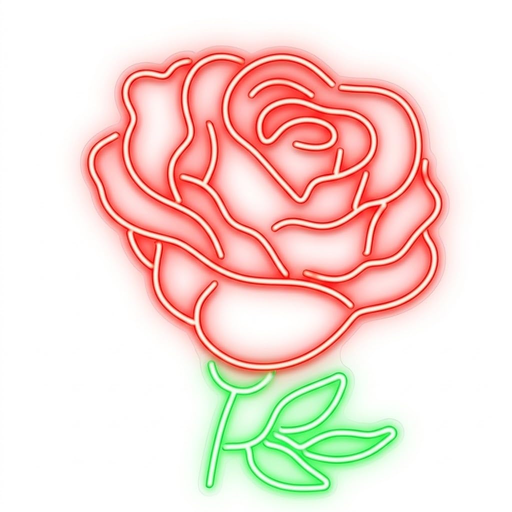 Letrero Neón de Rosa Clásica, Luz Neón LED, Rojo y Verde, Decoración de Pared con Base Metacrilato Transparente, Cadena, Cable de 1.5 m y Alimentación 12 v, Medidas 60x45 cm