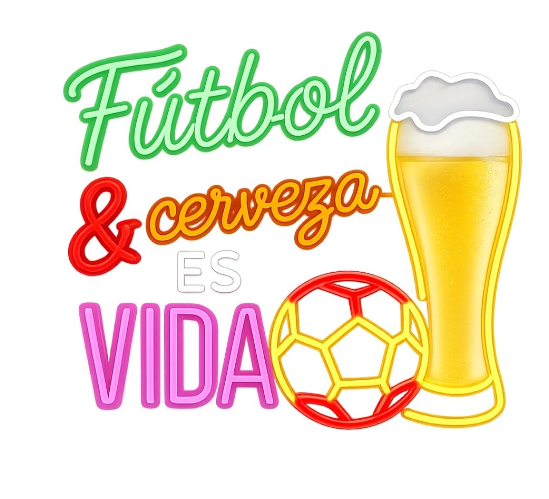 soloLED Neón LED fútbol y cerveza Letrero Luminoso de mundial Decoración de Pared para Habitación Infantil, Zona Gamer o Bar,Artesanal Hecho en España 12 v medidas 70x70cm