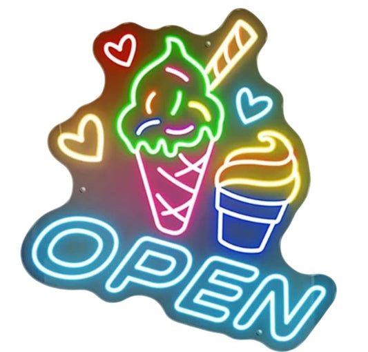 Cartel de Neón LED Decorativo, Diseño de Helado y Corazones, Multicolor, Letrero Luminoso OPEN 60l. x 50an. centímetros ALIMENTACION 12V