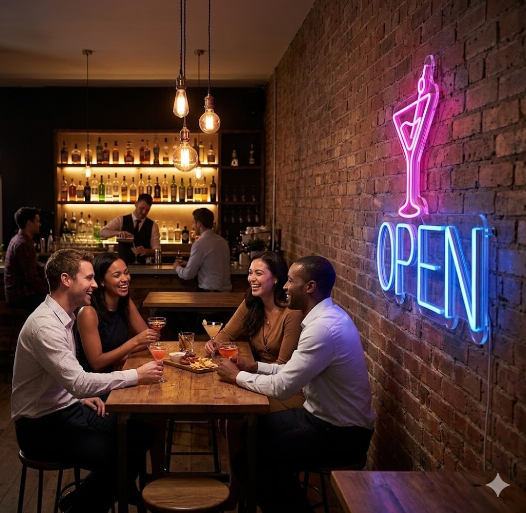 Letrero Neón de Copa de Cóctel OPEN, Luz neón LED, Rosa y Azul, Decoración de Pared con base metacrilato transparente, cadena, cable de 1.5 m y alimentación 12 v medidas 45x50 cm