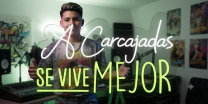 Letrero Neón led metacrilato transparente con forma alimentación 12 v 'A Carcajadas Se Vive Mejor', Blanco y Verde medidas 80 cm aproximadamente