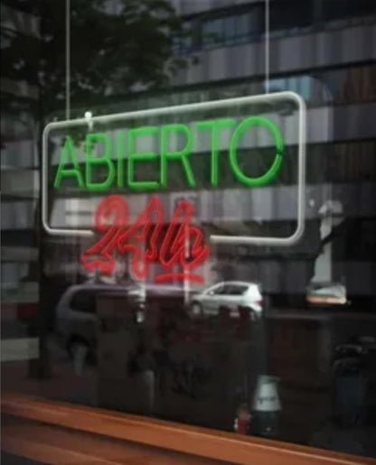 Letrero de Neón Abierto 24h, Señalización Luminosa LED, Verde y Rojo