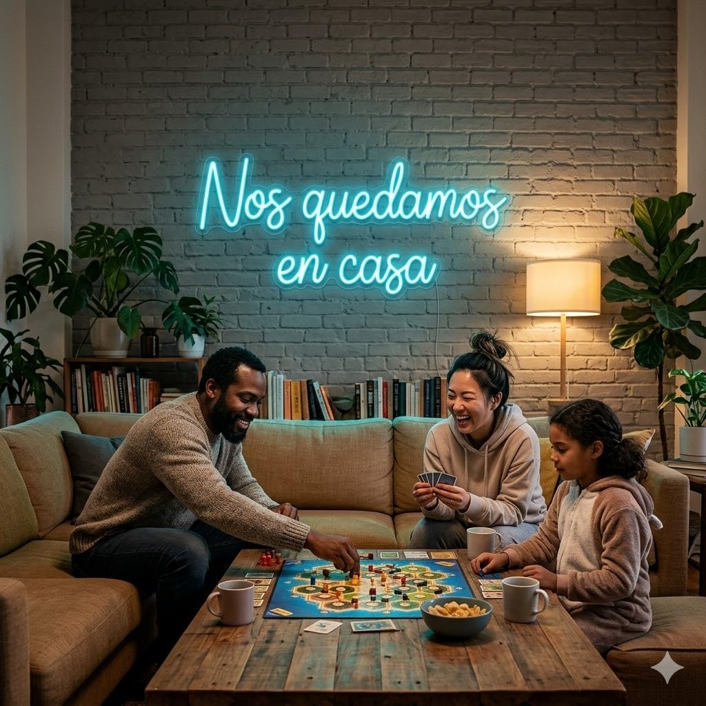 Letrero Neón de Nos Quedamos en Casa, Luz neón LED, Azul Claro, Decoración de Pared con base metacrilato transparente, cadena, cable de 1.5 m y alimentación 12 v medidas 80x40 cm