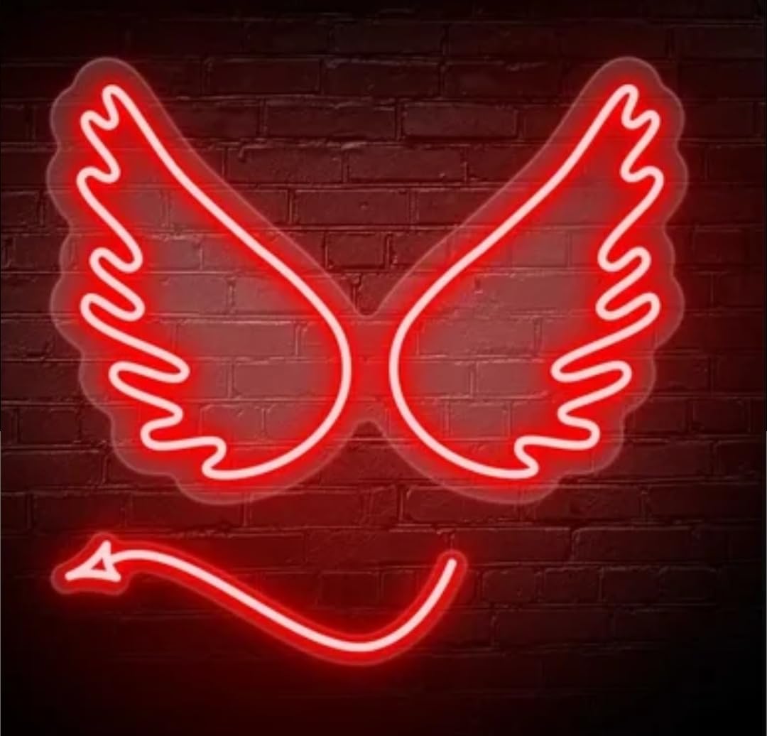 Letrero de Neón LED con Diseño de Alas de Ángel y Cola, Iluminación Decorativa Roja para Pared, Medidas 50x37 centímetros