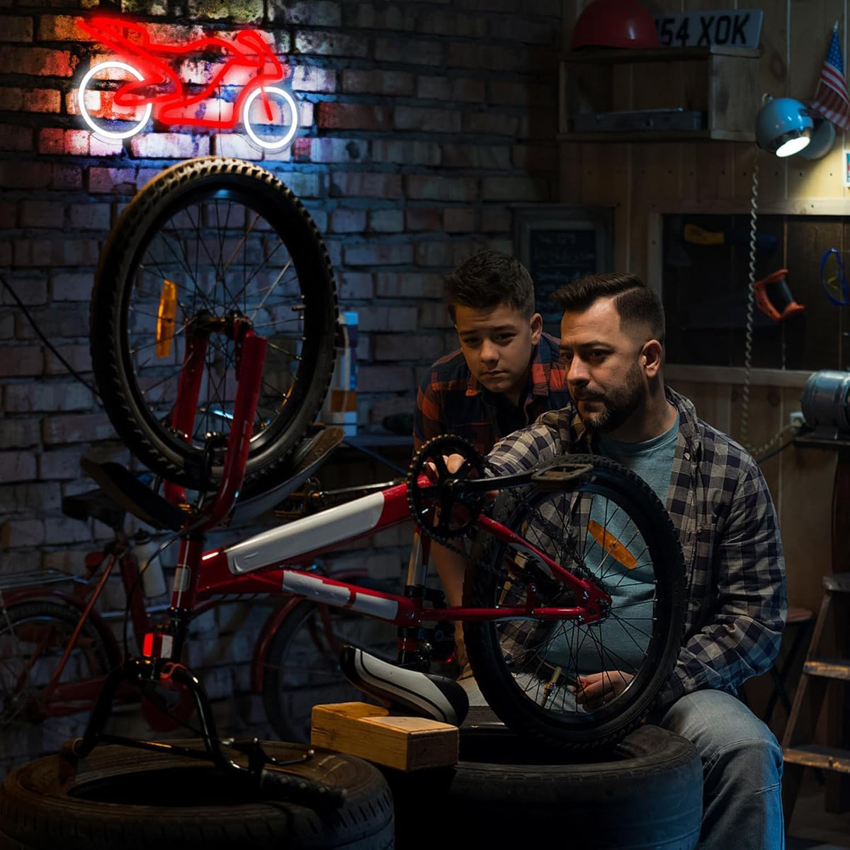 Lámpara de Neón LED Decorativa, Motocicleta Deportiva, Rojo y Blanco, Iluminación para Pared, 42x20 cm