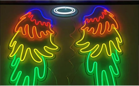 Alas de Ángel LED Neón, Letrero Luminoso Decorativo, Multicolor, Montaje en Pared, Cada ala mide aproximadamente 70cm de alto por 35 cm de ancho, unidos por conector y alimentación de 12V