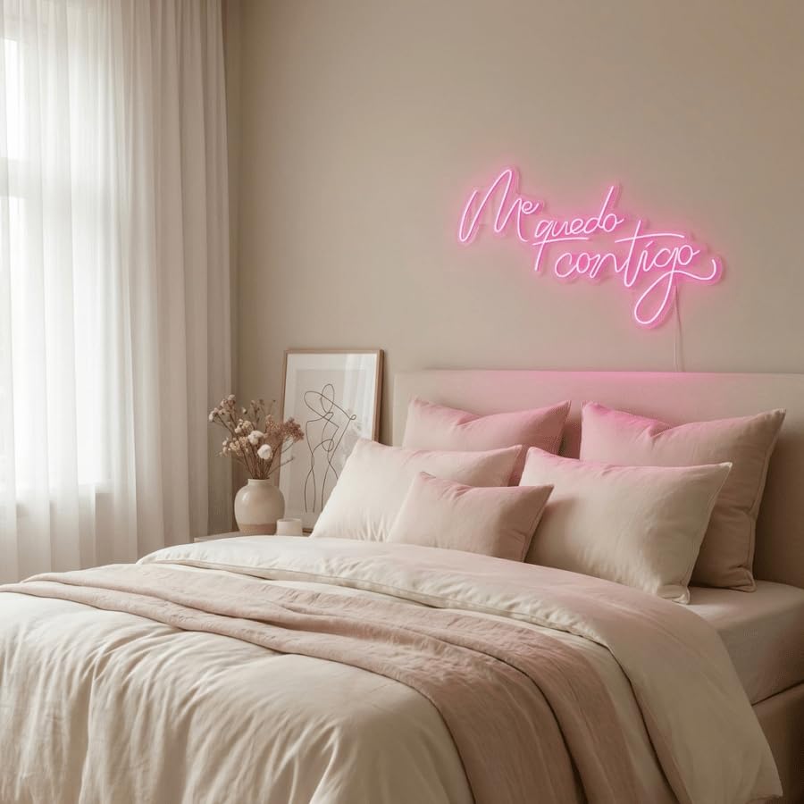 Letrero Neón Me Quedo Contigo, Rosa, Decoración de Boda medida 75 cm x 40 cm alimentación 12v