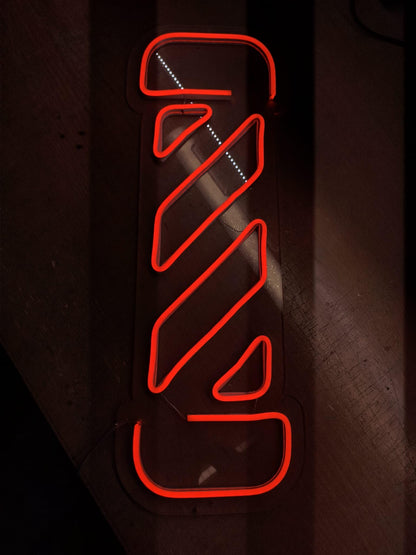 Letrero Neón de Poste de Barbero, Luz neón LED, Color Rojo, Decoración de Pared con base metacrilato transparente, cadena, cable de 1.5 m y alimentación 12 v medidas 55x15 cm