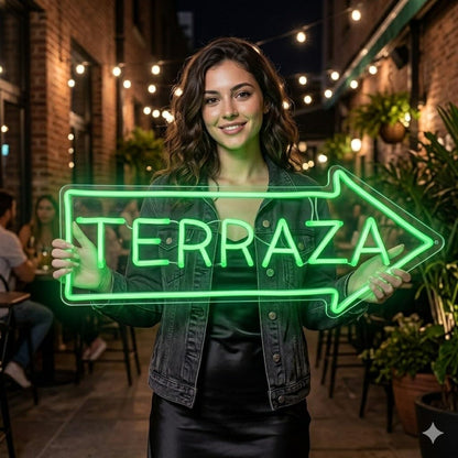Letrero Neón de Flecha TERRAZA, Luz neón LED, Verde, Decoración de Pared con base metacrilato transparente, cadena, cable de 1.5 m y alimentación 12 v medidas 70x35 cm