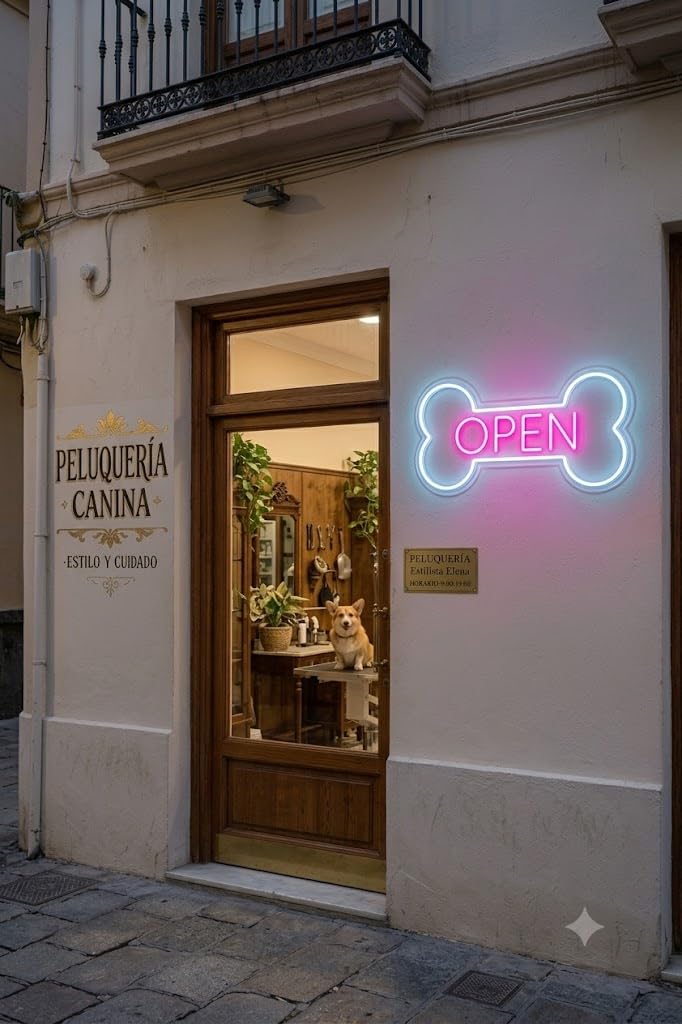 Letrero Neón de hueso con OPEN, Luz neón LED, Verde, Decoración de Pared con base metacrilato transparente, cadena, cable de 1.5 m y alimentación 12 v medidas 70x35 cm