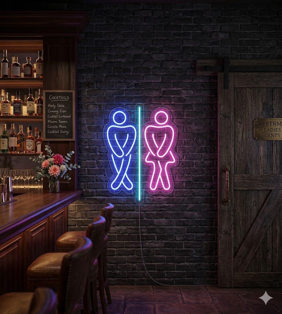 Letrero Neón de Señal de Baños, Luz neón LED, Multicolor (Azul, Rosa y Cian), Decoración de Pared con base metacrilato transparente, cadena, cable de 1.5 m y alimentación 12 v medidas 45x40 cm