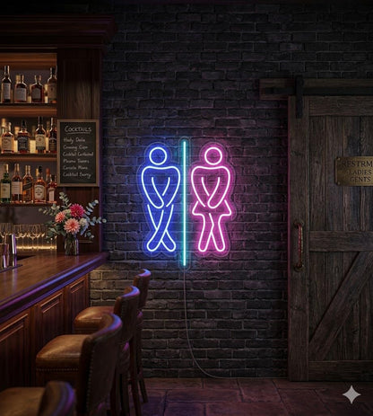 Letrero Neón de Señal de Baños, Luz neón LED, Multicolor (Azul, Rosa y Cian), Decoración de Pared con base metacrilato transparente, cadena, cable de 1.5 m y alimentación 12 v medidas 45x40 cm