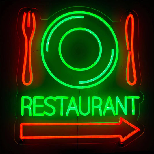 Letrero LED de Neón para Restaurante, Diseño con Plato y Cubiertos, Verde y Rojo, con Flecha Direccional