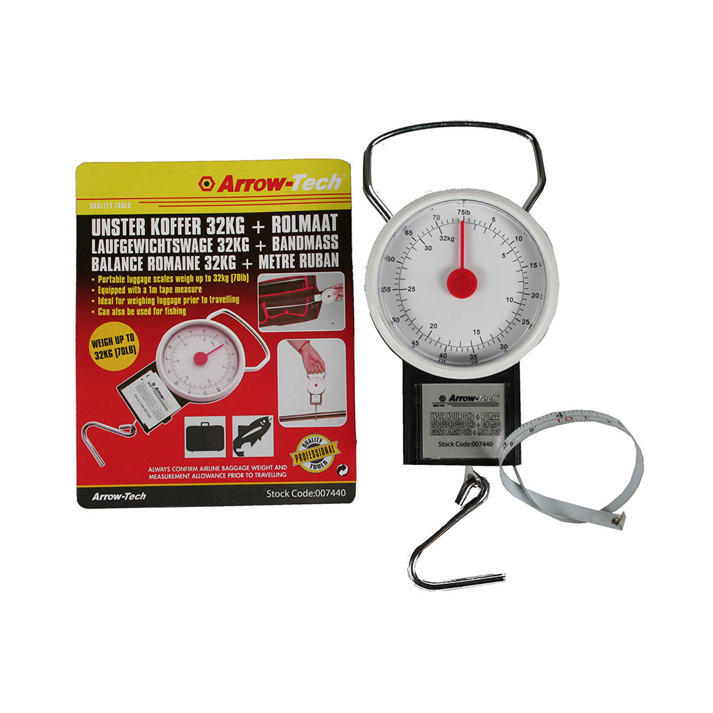 BASCULA CLASICA ANALOGICA CON GANCHO Y CINTA METRICA, MÁXIMO 32 kg