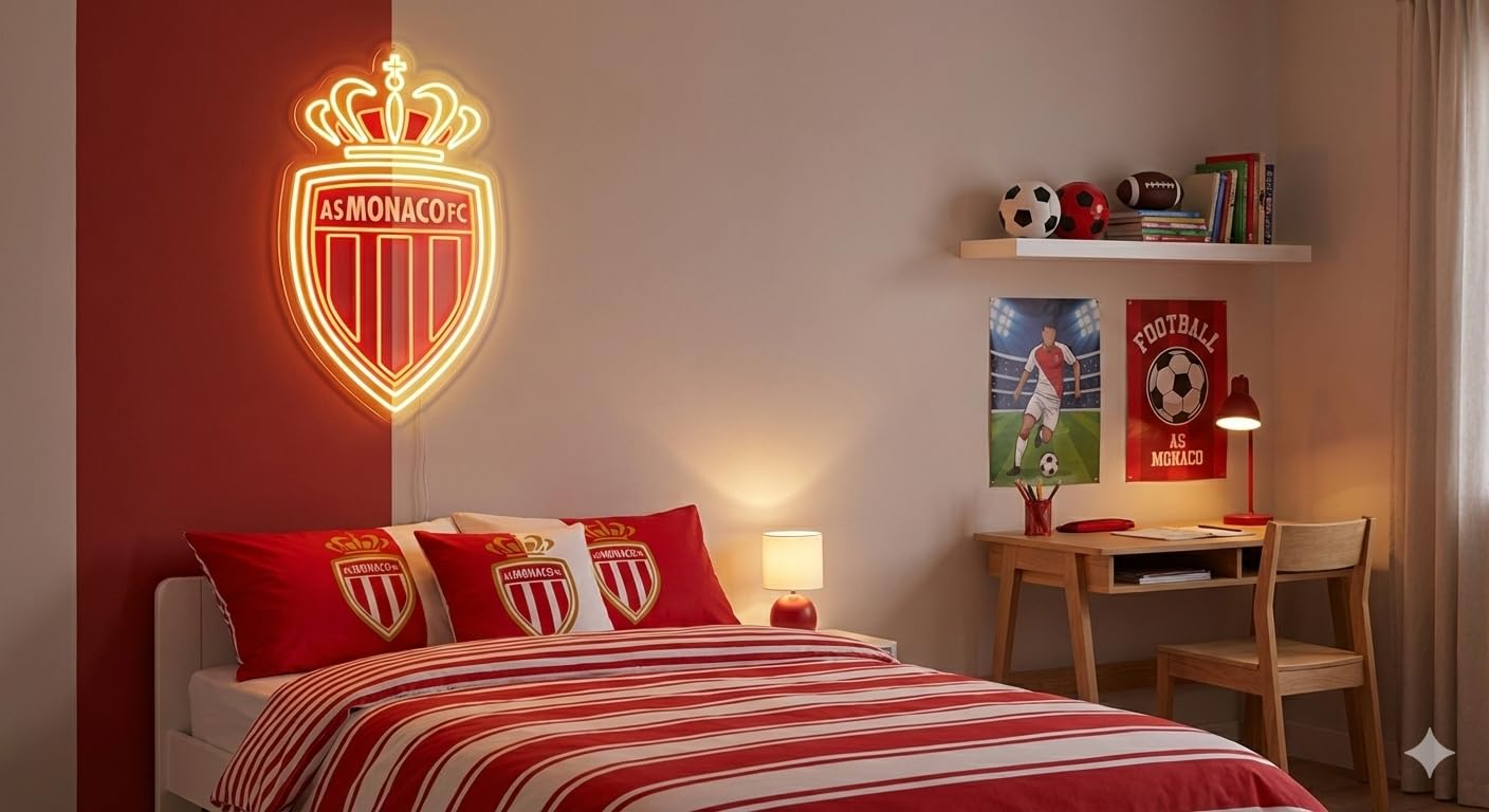 SOLOLED Letrero de Neón LED Escudo futbol Mónaco champions Ligue de Pared, Luz Colgante vinilo, metacrilato neón led 40x30cm aproximadamente 12 v