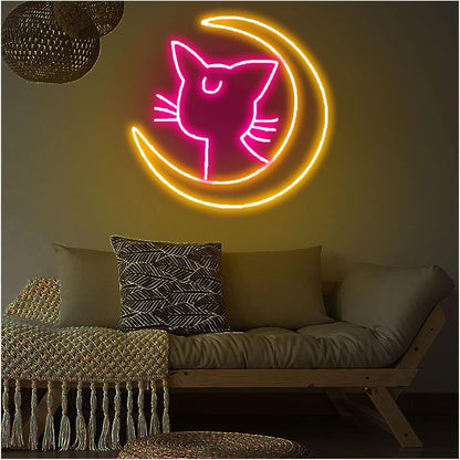 Letrero de neón LED Luces de letrero de neón de luna y gato, Letrero de luz de acrílico transparente regulable personalizado Luz interior para habitación Dormitorio Decoración de pared Regal