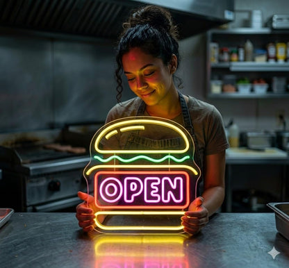 Letrero Neón de Hamburguesa OPEN, Luz neón LED, Multicolor, Decoración de Pared con base metacrilato transparente, cadena, cable de 1.5 m y alimentación 12 v medidas 45x45 cm