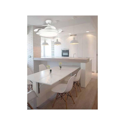 FABRILAMP - Ventilador de Techo con Luz LED 59W | Motor DC Modelo BAYOMO | 4 Aspas Retráctiles | 3 Tonalidades | 6 Velocidades | Control Remoto | Temporizador | Silencioso, Blanco, Mediano