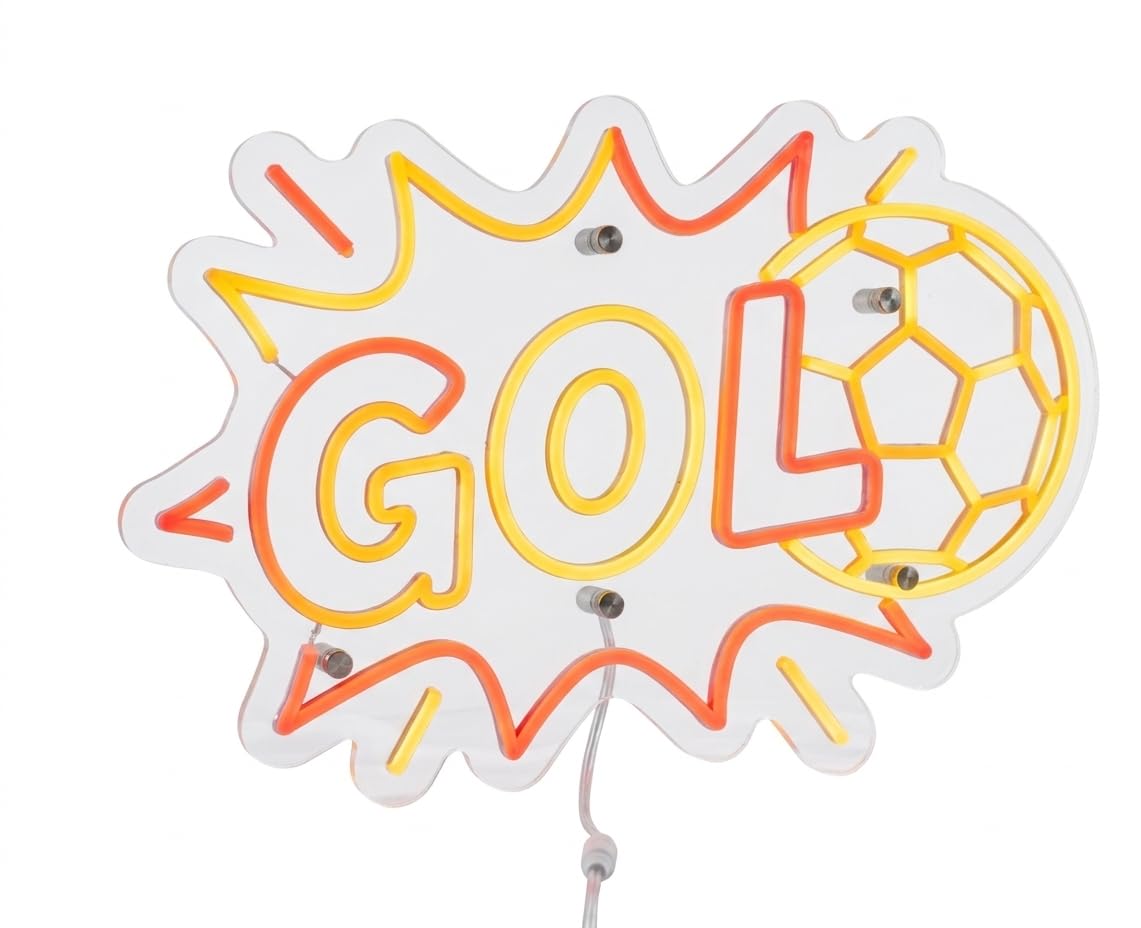Neón LED GOL Letrero Luminoso de Fútbol Decoración de Pared para Habitación Infantil, Zona Gamer o Bar,Artesanal Hecho en España (cadena,cable de 1.5 m y alimentación 12 v medidas 40x,30cm
