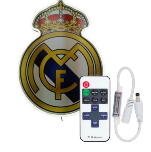 Escudo Cartel Neon led Regalo Madrid Decorativa metacrilato Vinilo con Corona Real, Medidas 40x30cm Liga de fútbol con Mando Incluido