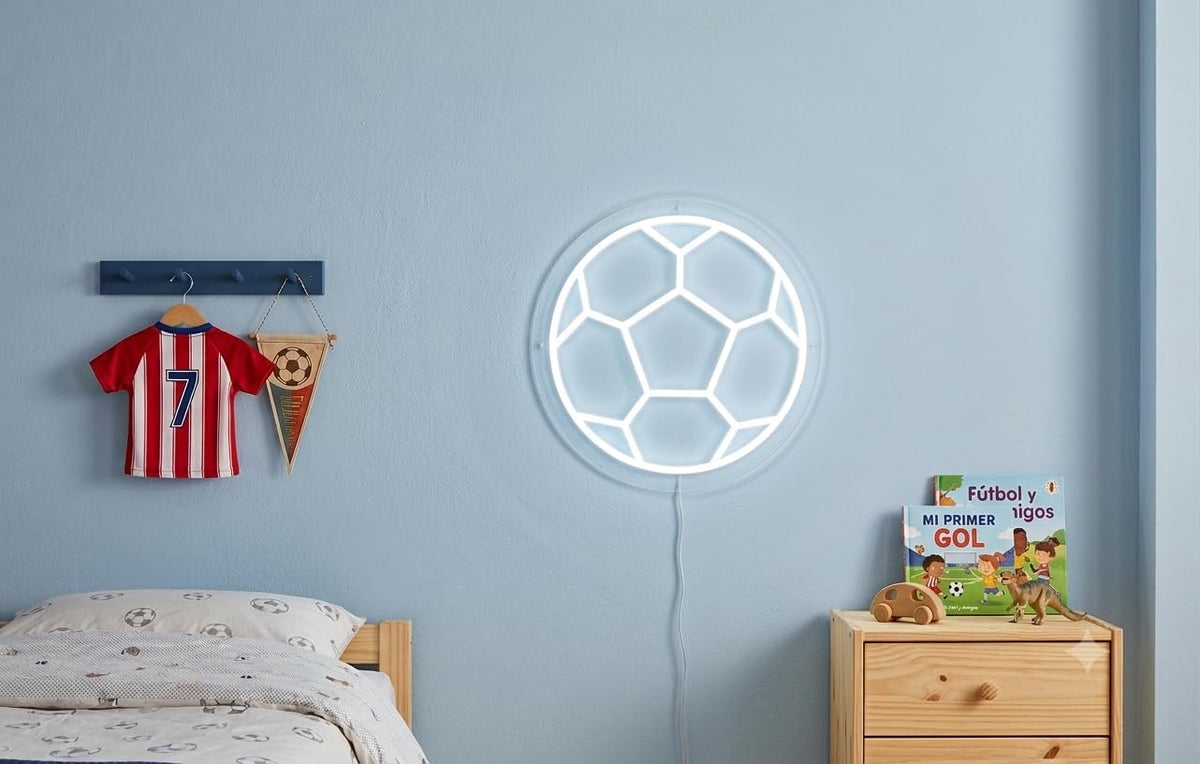 cartel de neon led metacrilato base Balón de Fútbol, Diseño Blanco Circular medidas 40cm aproximadamente