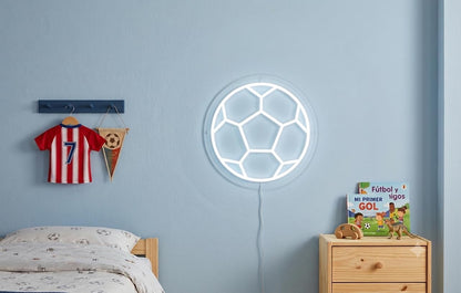 cartel de neon led metacrilato base Balón de Fútbol, Diseño Blanco Circular medidas 40cm aproximadamente