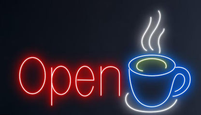 Cartel Luminoso LED de Neón para Cafetería, Letrero 'Open' con Taza de Café, Decoración de Pared 50l. x 40an. centímetros