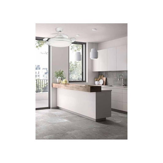 FABRILAMP - Ventilador de Techo con Luz LED 59W | Motor DC Modelo BAYOMO | 4 Aspas Retráctiles | 3 Tonalidades | 6 Velocidades | Control Remoto | Temporizador | Silencioso, Blanco, Mediano