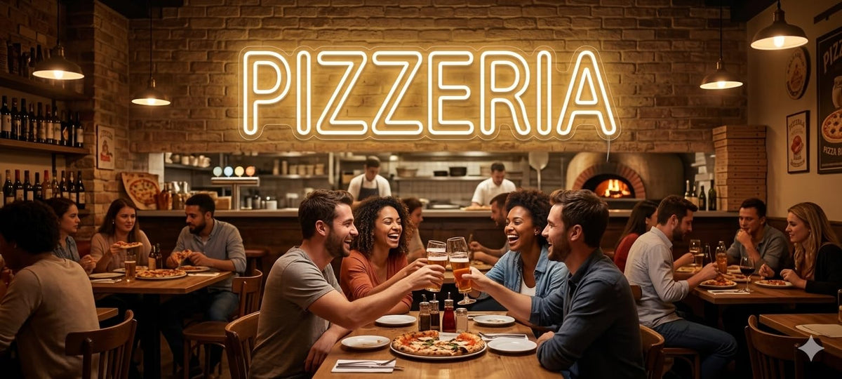 Letrero Neón de texto "PIZZERIA", Luz neón LED, Blanco Cálido, Decoración de Pared con base metacrilato transparente,cadena,cable de 1.5 m y alimentación 12 v medidas 80x25 cm