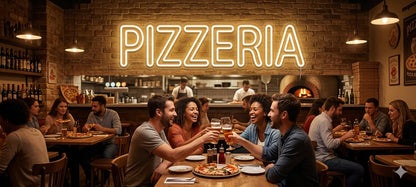 Letrero Neón de texto "PIZZERIA", Luz neón LED, Blanco Cálido, Decoración de Pared con base metacrilato transparente,cadena,cable de 1.5 m y alimentación 12 v medidas 80x25 cm