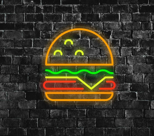Letrero LED de Neón Hamburguesa, Diseño Multicolor en Pared de Ladrillo, Decoración para Restaurante